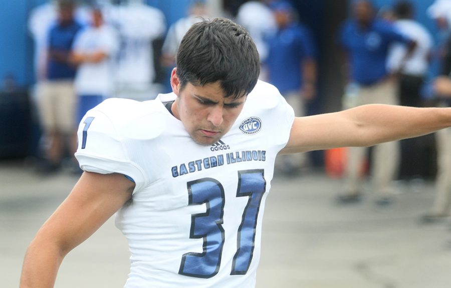 Freshman kicker Matt Severino gets warmed up just before the start of the Panthers’ season opener against Indiana State Aug. 31 in Terre Haute. Severino made two field goals in overtime against Murray State Saturday.