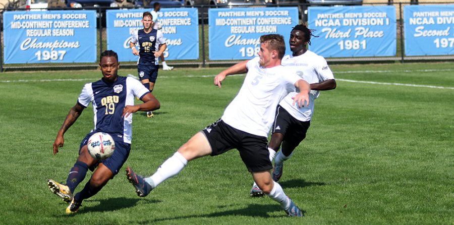 The Daily Eastern News Brendan McDonough attempts to block the ball from advancing upfield. The Panthers won in double overtime 1-0 againts Oral Roberts Saturday afternoon at Lakeside Field.