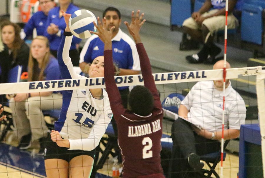 Freshman Laurel Bailey goes up for the kill against Alabama A&M where the Panthers won 3-0 in Lantz Arena. Bailey is second on the team in kills for the season.