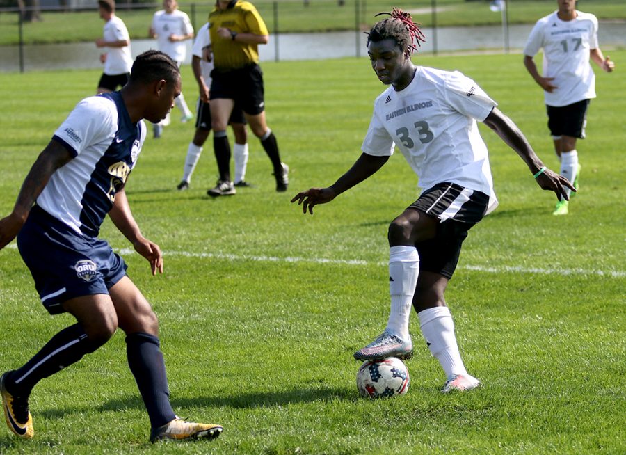 Freshman Simeon Packer attempts to dribble past a Oral Roberts defender in the Panthers’ 1-0 overtime win Saturday at Lakeside Field.