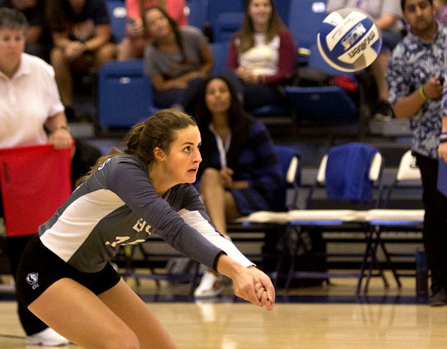 Freshman outside hitter Laurel Bailey digs a ball Saturday against Tennessee-Martin.