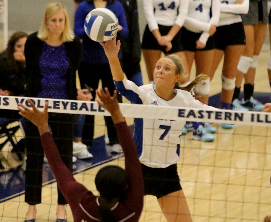 Junior Taylor Smith tips the ball over the net in the Panthers’ 3-0 win over Alabama A&M Sept. 7 in Lantz Arena. Smith leads the NCAA in triple doubles.