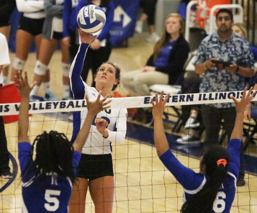 Senior Maria Brown return a ball in the Panthers game against Tennessee State at Lantz Arena on Sep. 30. Eastern won the match in four sets, the first win in a streak of three.