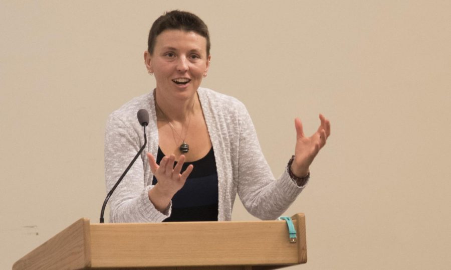Marne Austin, a communication studies professor from Saint Mary’s College, Notre Dame, Ind., speaks at the “Camille Compo Memorial Women’s Studies Endowed Speaker Series” Wednesday night at The Tarble Arts Center.