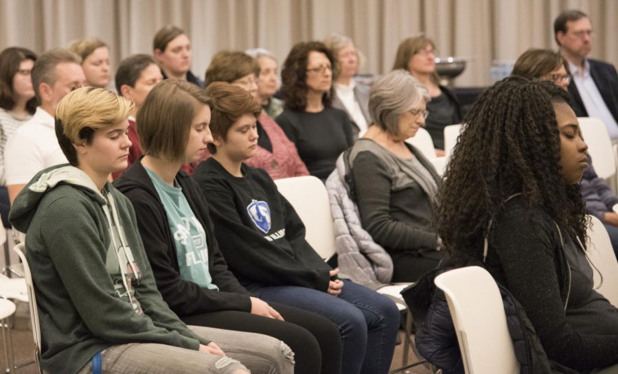 Marne Austin, a communication studies professor from Saint Mary’s College, had audience members meditate during her speech.