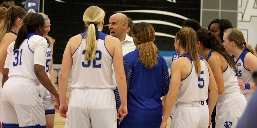 Eastern women’s basketball team head coach Matt Bollant talks to the team after Eastern defeated Indiana State Nov. 3. The Panthers are 1-5.