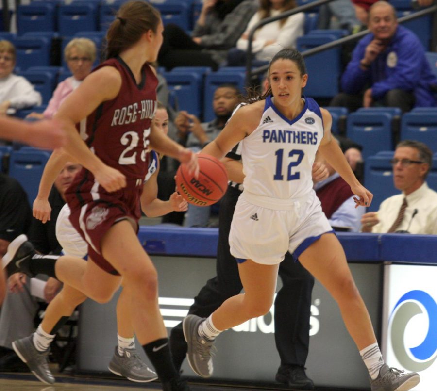 Junior Carmen Tellez dribbles the ball upcourt against Rose-Hulman Monday night at Lantz Arena. Tellez had five points and seven rebounds for the Panthers in their 73-58 win.