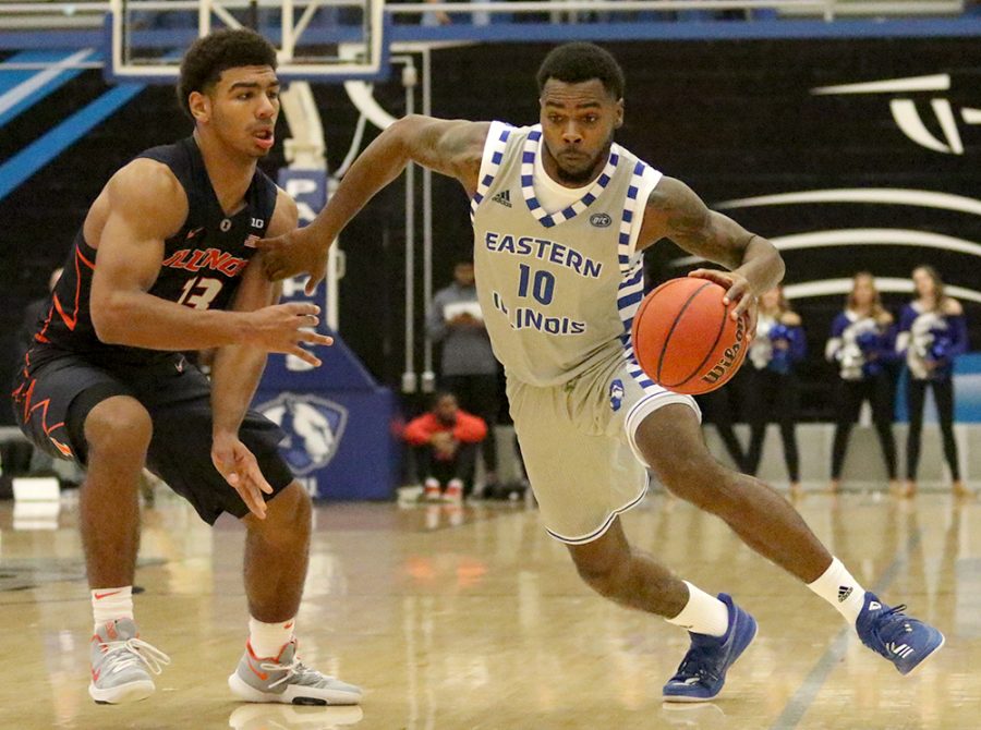 Junior Michael Chavers drives to the basket in the Panthers’ 80-67 win over Illinois Nov. 3 in Lantz Arena. Eastern dropped its season opener 72-68 to Nebraska Saturday.