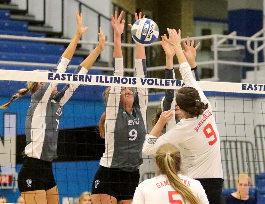 Senior Allie Hueston (9) records the block against Jacksonville State in Eastern’s win Oct. 21 in Lantz Arena. The Panthers play Southern Illinois-Edwardsville Thursday in the first round of the OVC Tournament.
