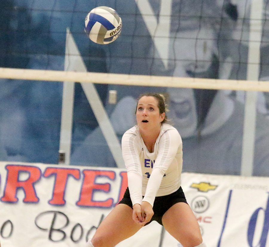 Anne Hughes gets ready to dig the ball in the Panthers’ 3-2 win over Jacksonville State Oct. 21 in Lantz Arena. Eastern is on the road at Southeast Missouri Saturday.