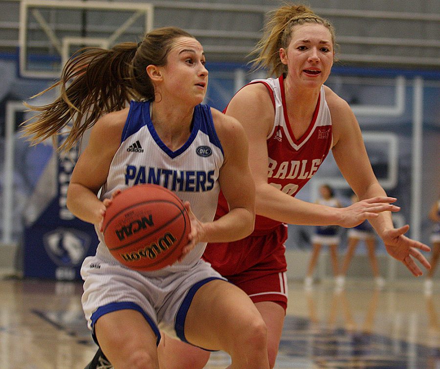 Grace Lennox cuts into the lane before converting on the layup in the Panthers’ 67-52 loss to Bradley Tuesday night in Lantz Arena. Lennox had 19 points in the loss.