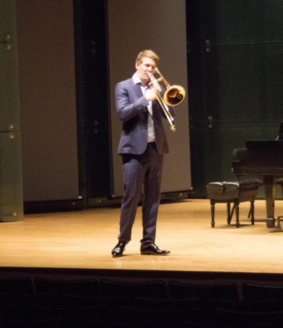 Peter Steiner performes in the recital hall at Doudna Fine Arts Center Tuesday night. Eastern was his first stop on his CD release tour.