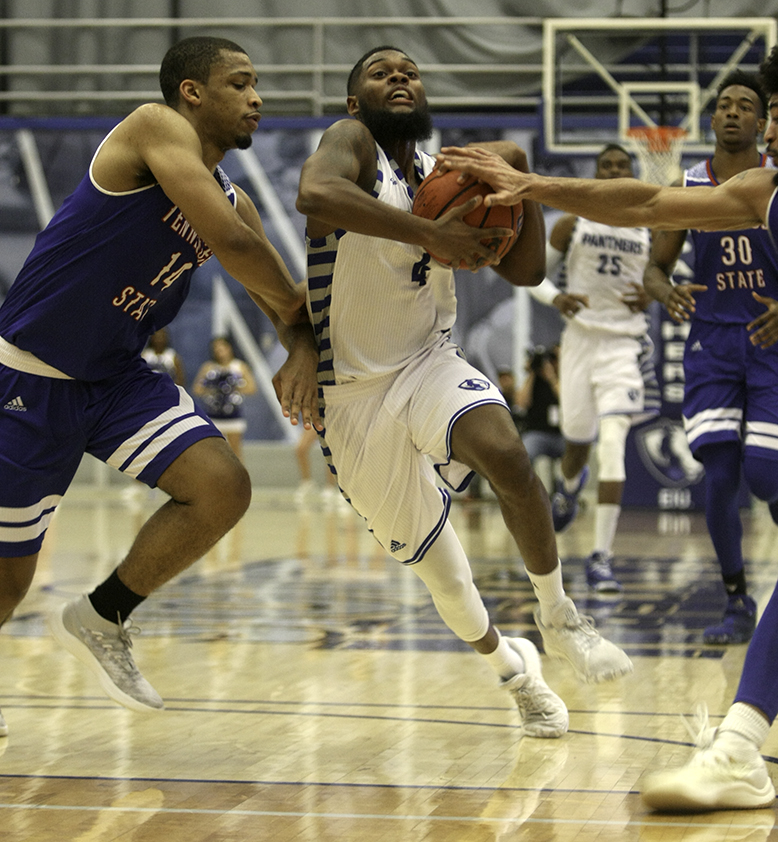 Senior point guard Montell Goodwin drives into the lane against Tennessee State defenders Thursday at Lantz Arena. Goodwin had 17 points in the loss. It was his ninth straight double-digit scoring game.