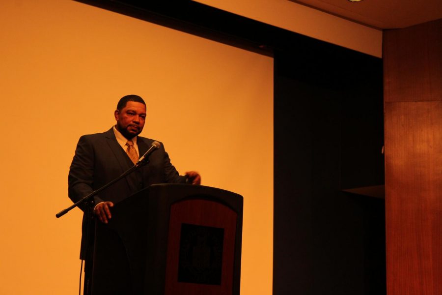 Artist and activist Toussaint Werner, and Eastern and Alpha Phi Alpha alumnus, gives the keynote speech at a vigil hosted b the university.