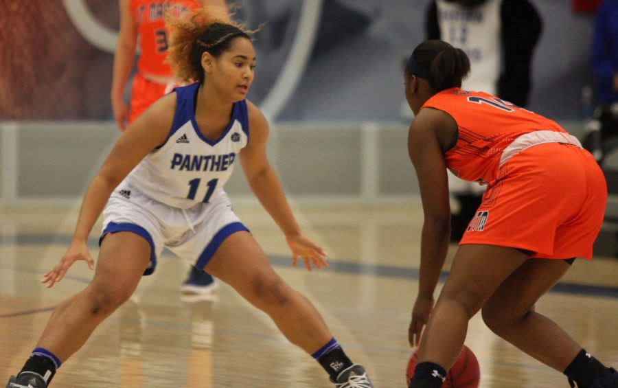 Eastern freshmen Karle Pace guards a Tennessee-Martin player in the Panthers 72-44 loss to the Skyhawks Jan. 18. at Lantz Arena. Pace was named OVC Freshmen of the Week after she scored 31-points in Eastern’s loss to Tennessee State Saturday.