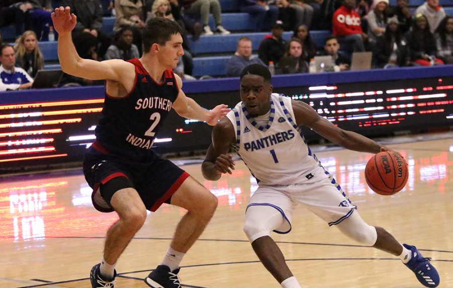 Sophomore guard D’Angelo Jackson drives the hoop in the Panthers game against Southern Indiana at Lantz Arena on Nov. 6. Jackson had 17 points in the Panthers exhibition loss.