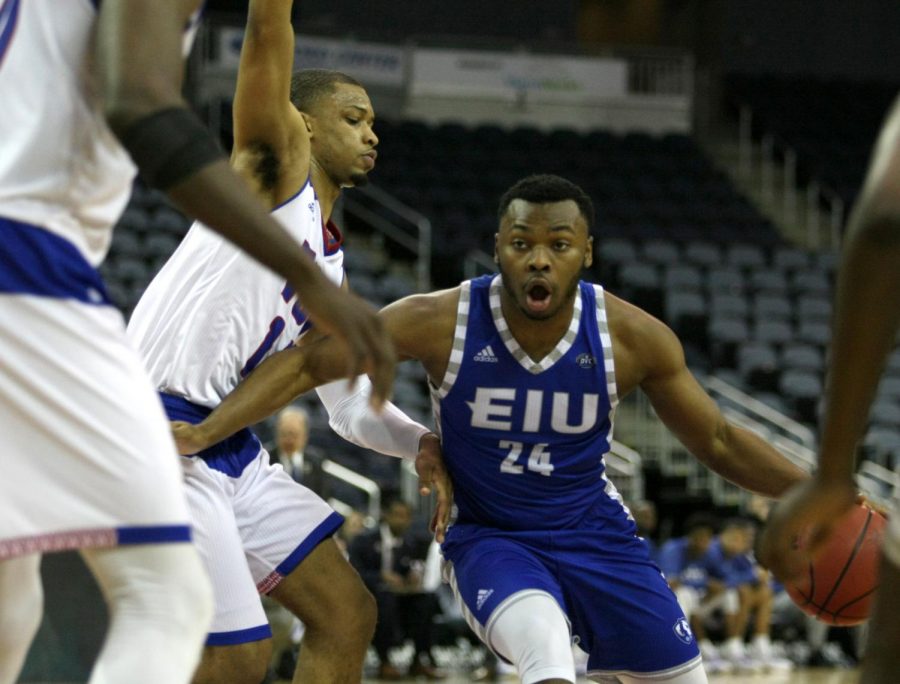 Junior Jajuan Starks dribbles past a Tennessee State defender in the second half of Eastern’s 73-71 opening round win at the OVC tournament in Evansville, Indiana’s Ford Center. Stark’s came off the bench to score 8 points in an 2-for-3 effort from three point land.