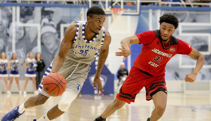 Senior Muusa Dama drives past Jacksonville States Christian Cunningham in the Panthers 75-56 loss to the Gamecocks Thursday in Lantz Arena. Dama finished with 11 points and six rebounds.