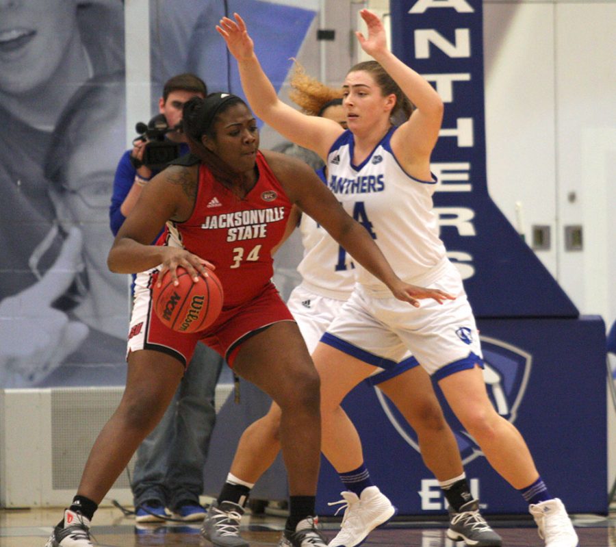 Eastern foward Grace McRae guards Jacksonville State forward Rayven Pearson in the Panthers 59-50 loss to the Gamecocks Thursday at Lantz Arena. The two forwards squared off in a pivotal rebounding matchup, with McRae grabbing five and Pearson finishing with eight.