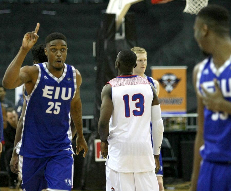 Muusa Dama celebrates Easterns 73-71 win over Tennessee State during Wednesdays opening round of the OVC Tournament in Evansville, Indiana. 