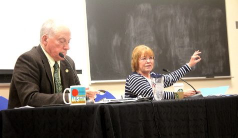 Terry Davis and Shirley Bell, discuss their primary campaigns for representative of the 110th state district, Thursday night in the Coleman Lecture Hall.