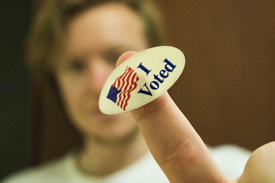 Those who were registered to vote Tuesday night received an I Voted sticker after turning in their ballot.