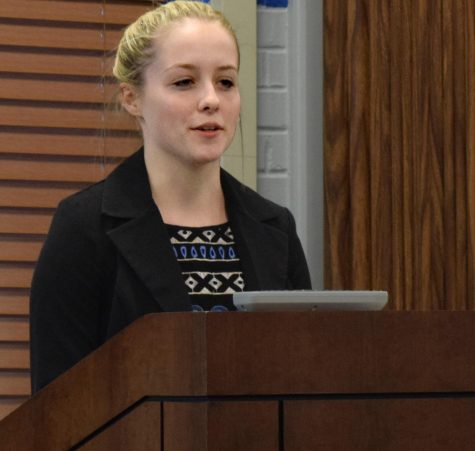 Carson Gordon, a sophomore biological sciences and pre-medicine major, and a current senator on the student senate, speaks at the Student Senate Forum, Thursday evening in the Martin Luther King Jr. University Union. She is running uncontested for student vice president of academic affairs.