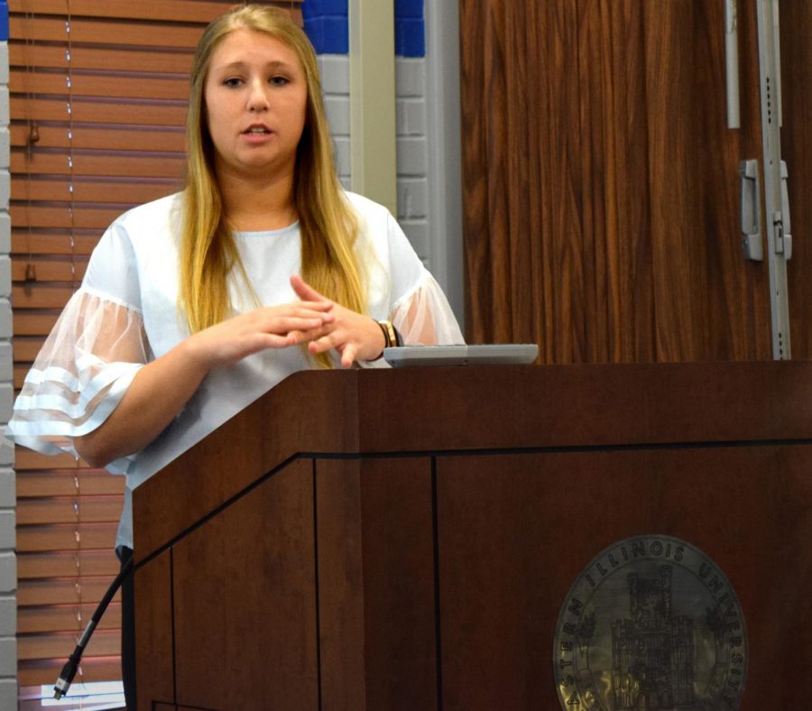 Rebecca Cash, a junior public relations major and the current student vice president for academic affairs, speaks at the Student Senate Forum, Thursday evening in the Martin Luther King Jr. University Union. She is running uncontested for student body president.