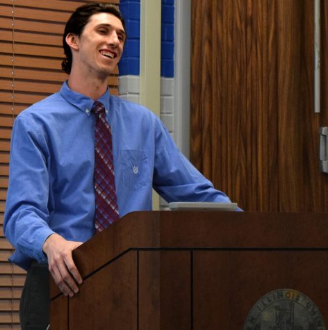 Tyler Stoklosa, a history teacher education major and a current student senator, speaks at the Student Senate Forum, Thursday evening in the Martin Luther King Jr. University Union. He is running uncontested for student vice president of student affairs.