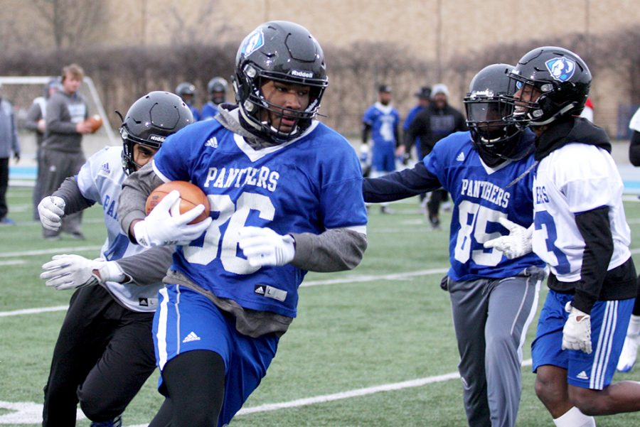 Jacob Ivey Jr., who will be a redshirt sophomore in the fall, catches a pass in the Panthers’ first spring practice of 2018. Coach Kim Dameron said the first practice was a good starting point that the Panthers can build off of throughout the rest of spring and into the season.