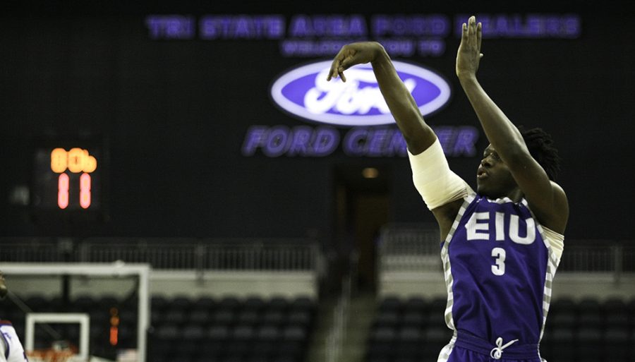 Freshman guard Mack Smith gets off a shot in the second half of the Panthers’ OVC conference tournament opeing round game at the Ford Center in Evansville. The OVC Tournament will return to Evansville’s Ford Center in 2019 and 2020 the OVC announced Thursday.