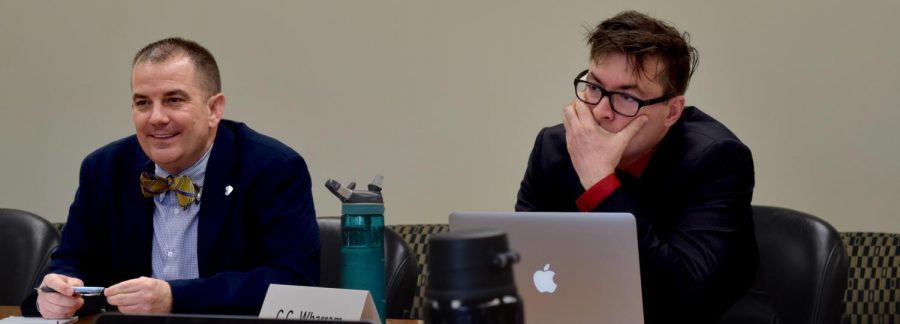 Provost Jay Gatrell and C.C. Wharram, the director of the Center for Humanities, attended the Faculty Senate meeting Tuesday at Booth Library. The meeting looked at Gatrell’s college reorganization plan, which was revealed on Monday.