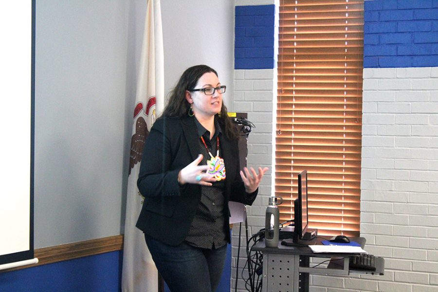 Olivia Swenson-Hultz | The Daily Eastern News Keynote Speaker Jenny Davis discusses the Two-Spirit Movement at the Seventh Annual Symposium of The Interdisciplinary Center for Global Diversity inside of the Arcola-Tuscola Room of the Martin Luther King Jr. University Union on Tuesday afternoon.