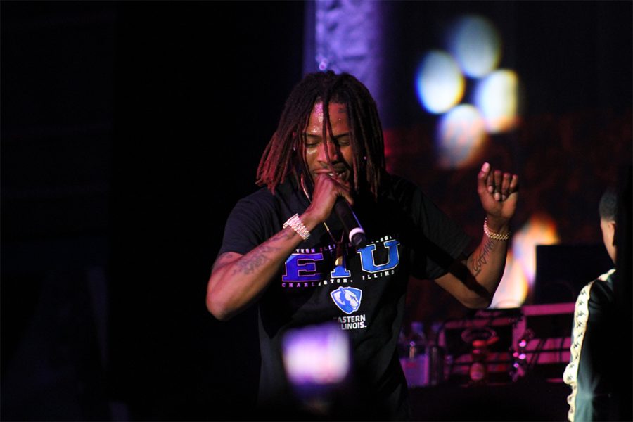 Performer Fetty Wap dances onstage during his concert on Sunday night in the Lantz Arena.