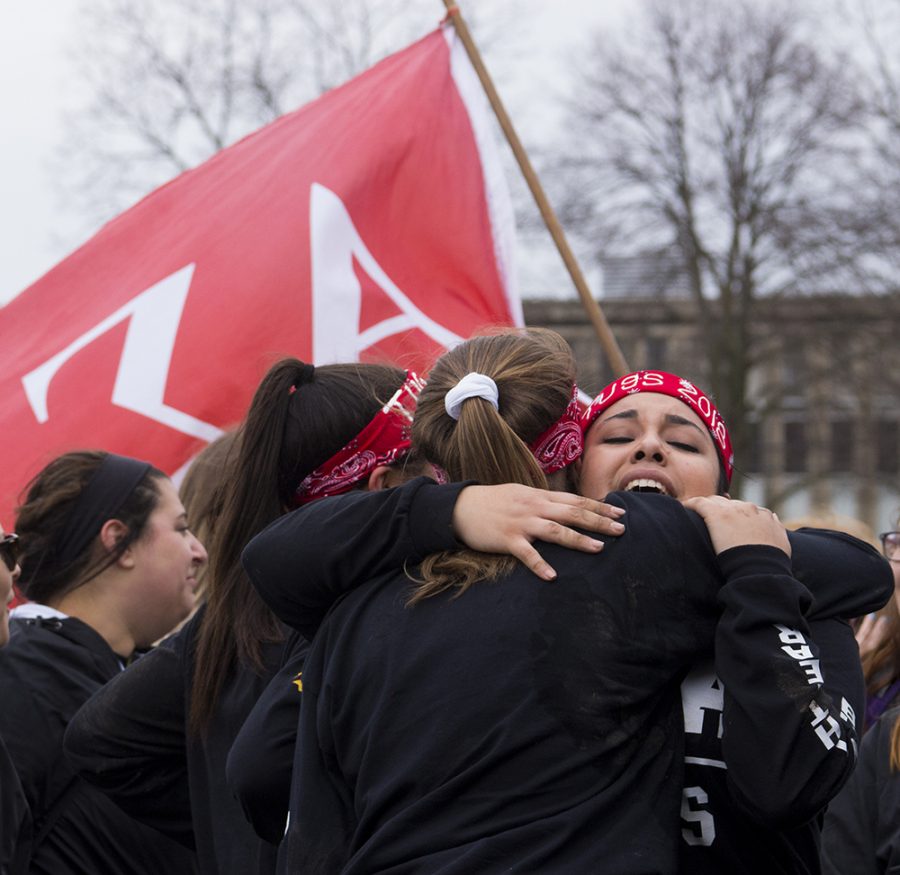 Selena Alonso hugs her sorority sisters as they celebrate Alpha Sigma Alpha’s victory in the Tugs championship on Saturday, April 14. Alpha Sigma Alpha won against Kappa Delta with a time of one minute and 52 seconds.