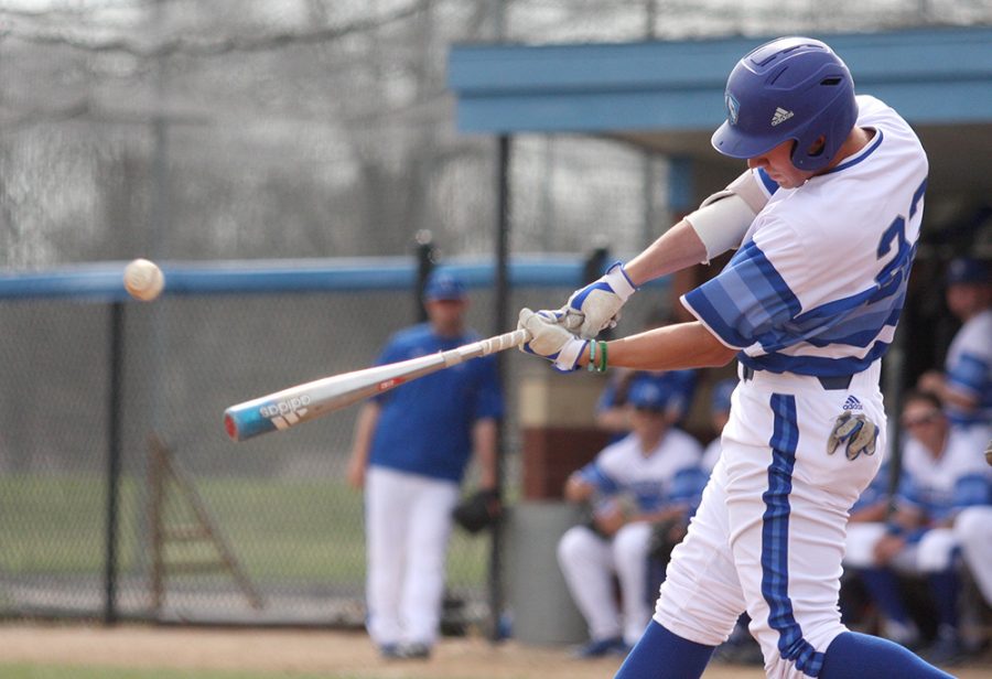 Junior Jimmy Huber hits a double off the right field wall to drive in Joe Duncan to make the score 9-0 in the second inning in Easterns 15-6 win Wednesday at Coaches Stadium. The Panthers have a three-game series this weekend with Morehead State at home.