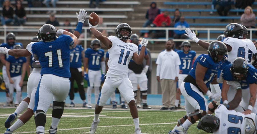 Eastern tranfer quarterback Johnathan Brantley throws a pass in the Eastern spring football game on Saturday at O’Brien Field. Brantley was 11-of-13 passing with 103 yard and two touchdowns in the game.