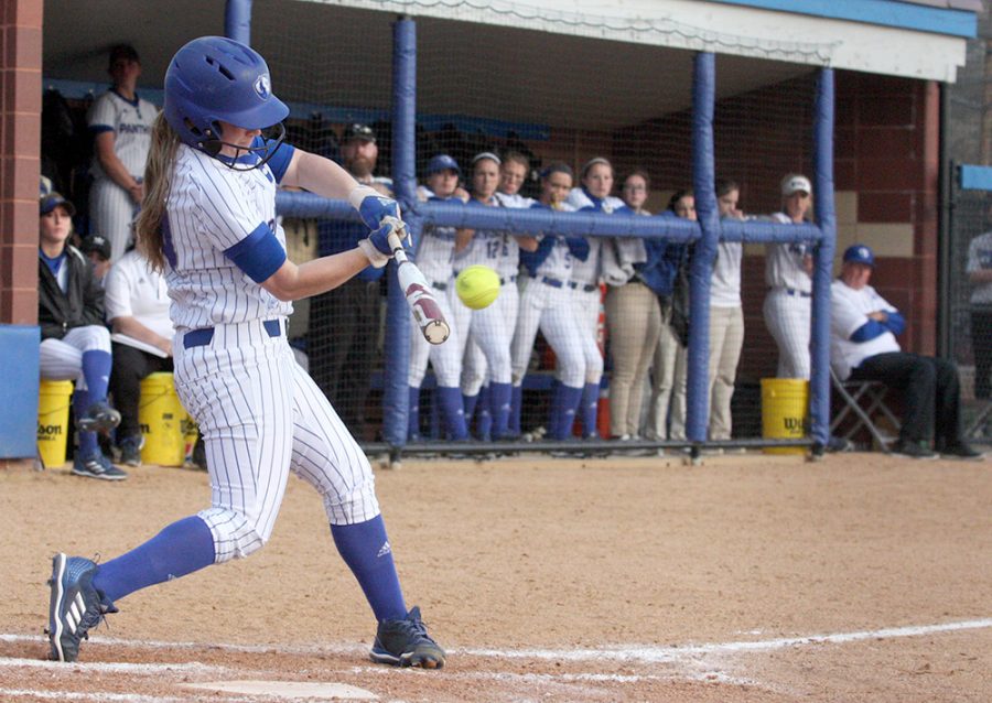 Junior Mady Poulter hits an RBI double in the fourth inning to score Kayla Bear and make the score 1-0 in game two of the Panthers’ doubleheader against Southeast Missouri Wednesday at Williams Field. The Eastern softball team won both games against the Redhawks.