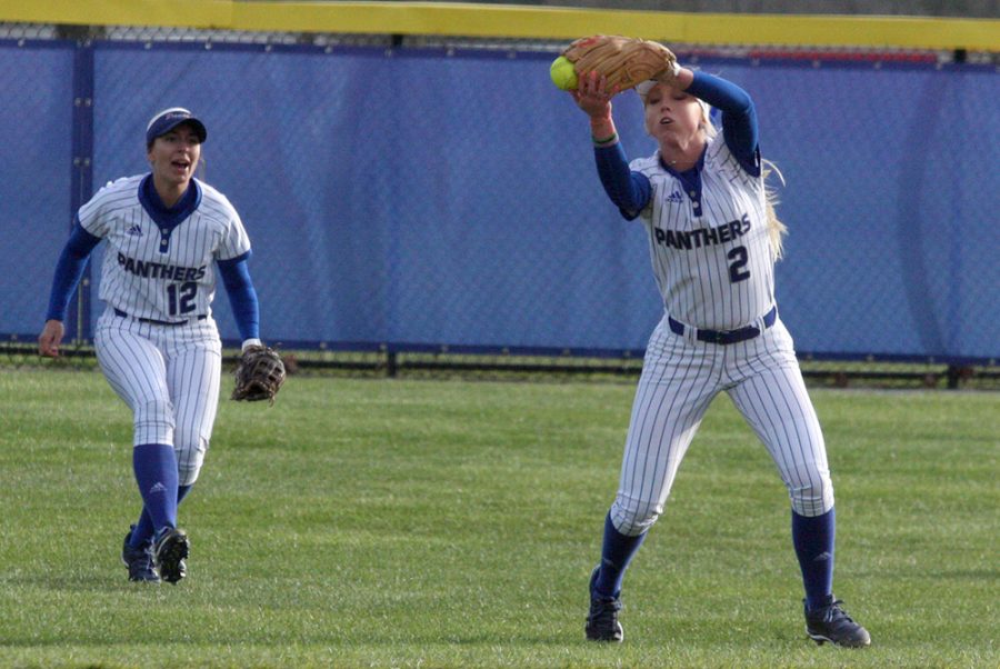 Freshman Megan Burton catches a line drive in the top of her glove in the seventh inning of the Panthers’ win over Indiana State last Thursday at Williams Field. Eastern has played just four OVC games while four teams have played 10.