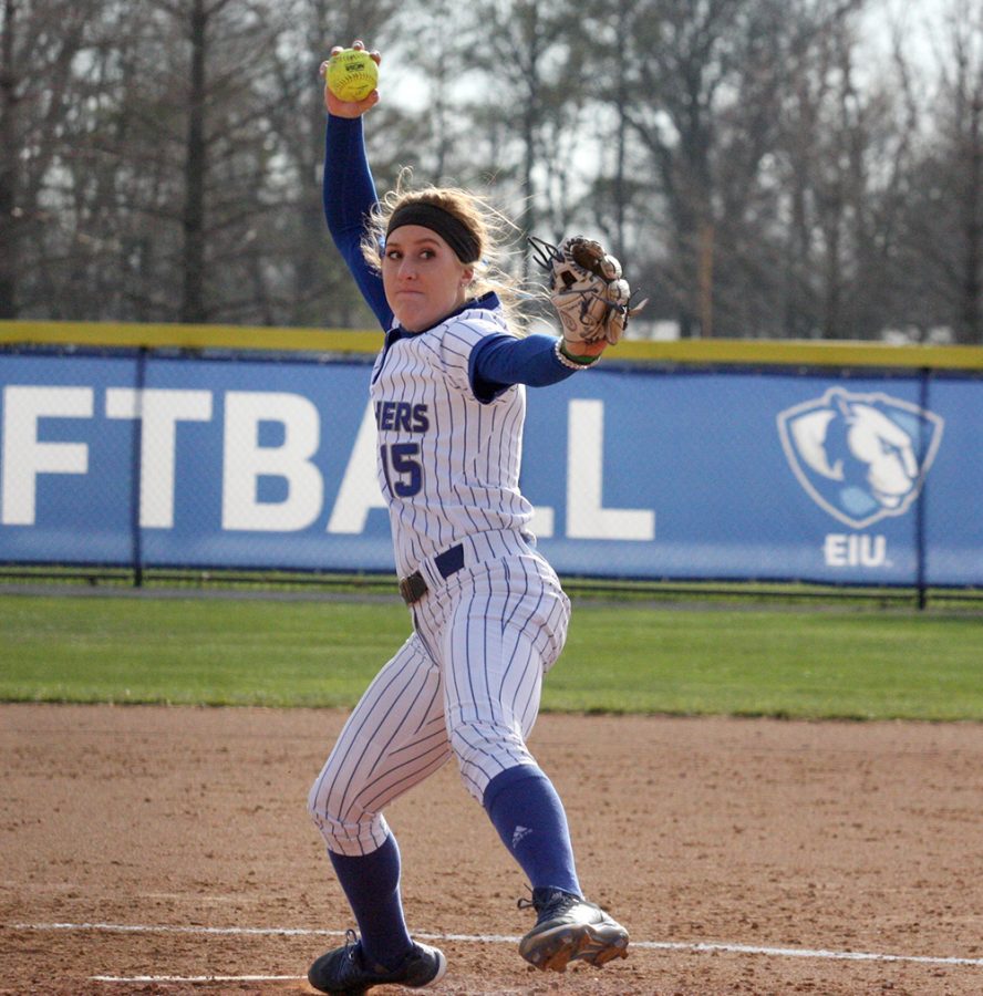 Senior Jessica Wireman throws a pitch in Eastern’s win over Indiana State April 5 at Williams Field. The Panthers split their doubleheader with Tennessee-Martin Saturday.