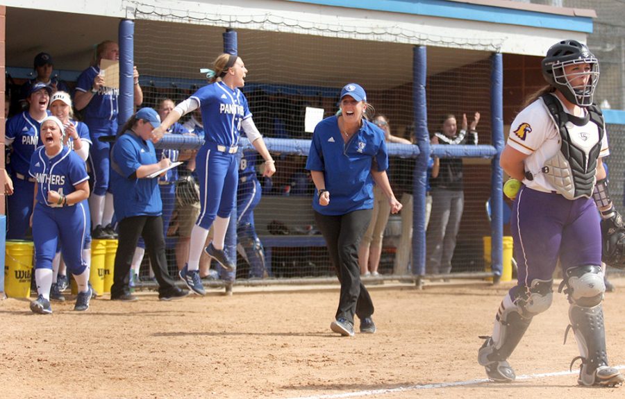 The Eastern softball team celebrates sophomore Mia Davis’ walk-off hit that scored Ashley Bartlett Saturday against Tennessee Tech. The Panthers play a pair of road doubleheaders against Murray State and Austin Peay.