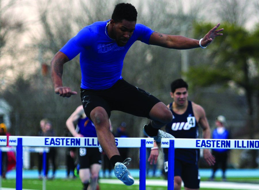 Eastern+sophomore+Cedric+Johnson+runs+the+110-meter+hurdles+on+March+30+at+the+EIU+Big+Blue+classic+at+O%E2%80%99Brien+Field.+Johnson+ran+the+event+in+15.85+seconds+and+placed+in+5th.