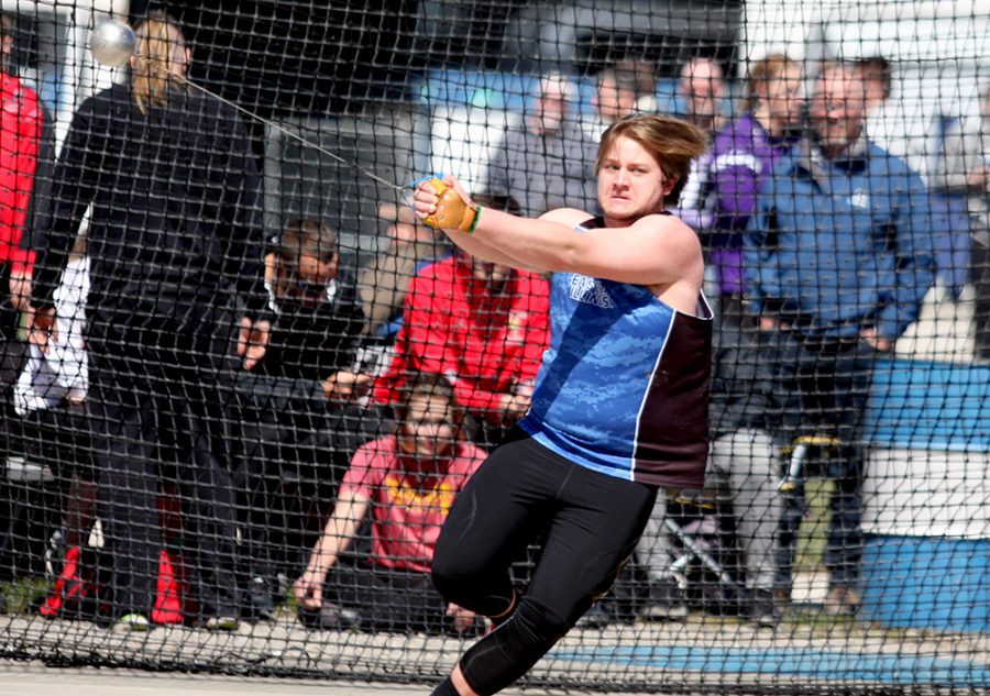 Freshman Dillon Birch competes in the men’s hammer throw at the Panthers’ EIU Big Blue Meet March 30 in the field behind O’Brien Field. Eastern will have a split squad meet at the Drake Relays and the Louisville Twilight.