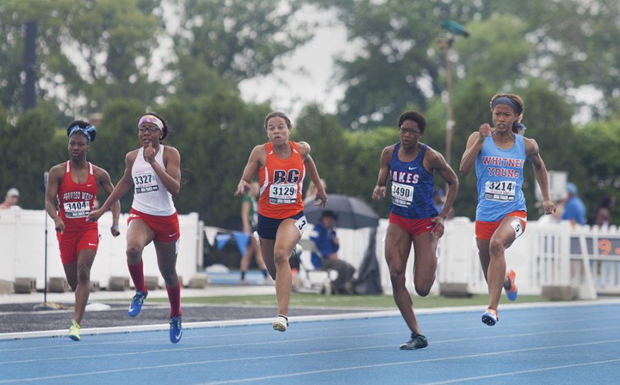 Class 3A competes in the 100-meter dash at the 2018 IHSA State Finals at O’Brien Field.