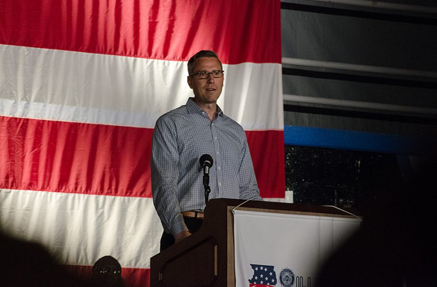 Illinois Treasurer Michael Frerichs, gives a speech during the 83rd American Legion Illinois Premier Boys State General Assembly and Governor Inauguration, Thursday night in Lantz Arena.