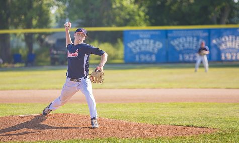 Jackson Porter, a Macomb resident, pitches in a summer league baseball game at the Eastern baseball field Friday afternoon. The two teams playing in the game are the Macomb Bombers and the Champaign Recruit (temporary name). Both teams have ages around 16 to 19 years old.