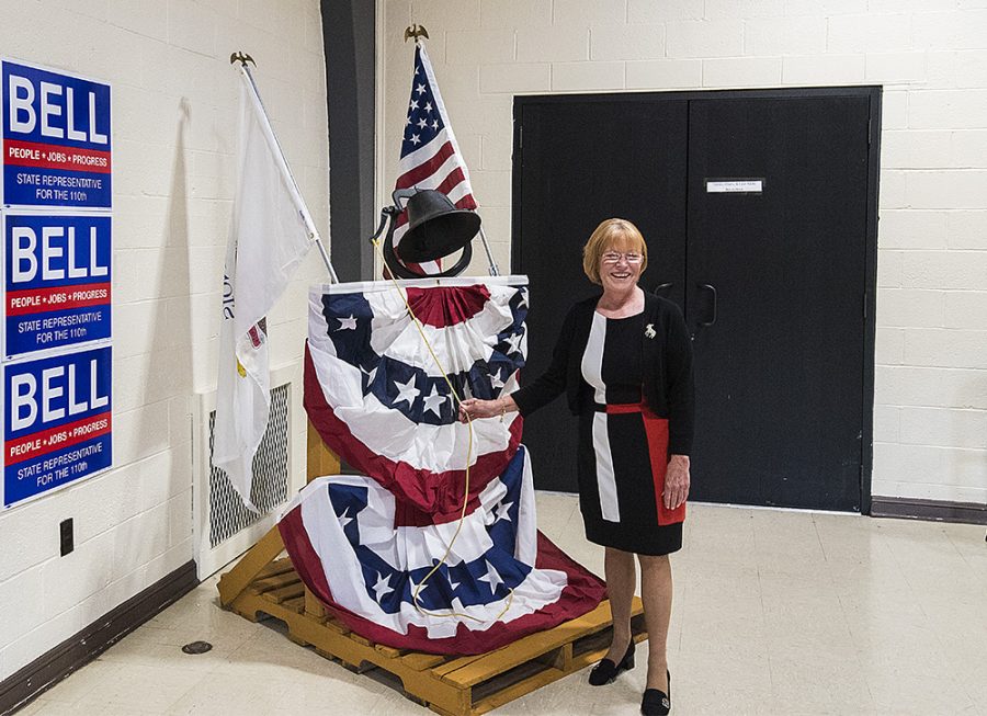 Qian Cheng | The Daily Eastern News
Shirley Bell, candidate of State Representative for the 110th District. Ringing the token bell at Osborn Auditorium in Mattoon Tuesday afternoon.