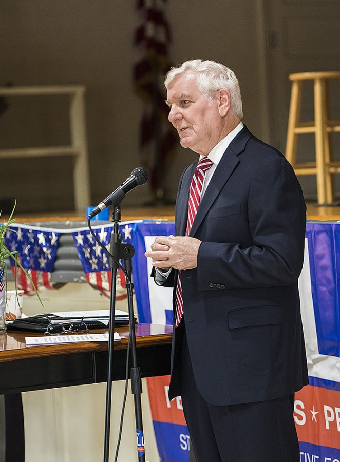 Glenn Poshard, former Illinois State Senator and U.S. Congressman, gives a speech to endorse Shirley Bell’s campaign Tuesday afternoon at Burgess-Osborne Auditorium.