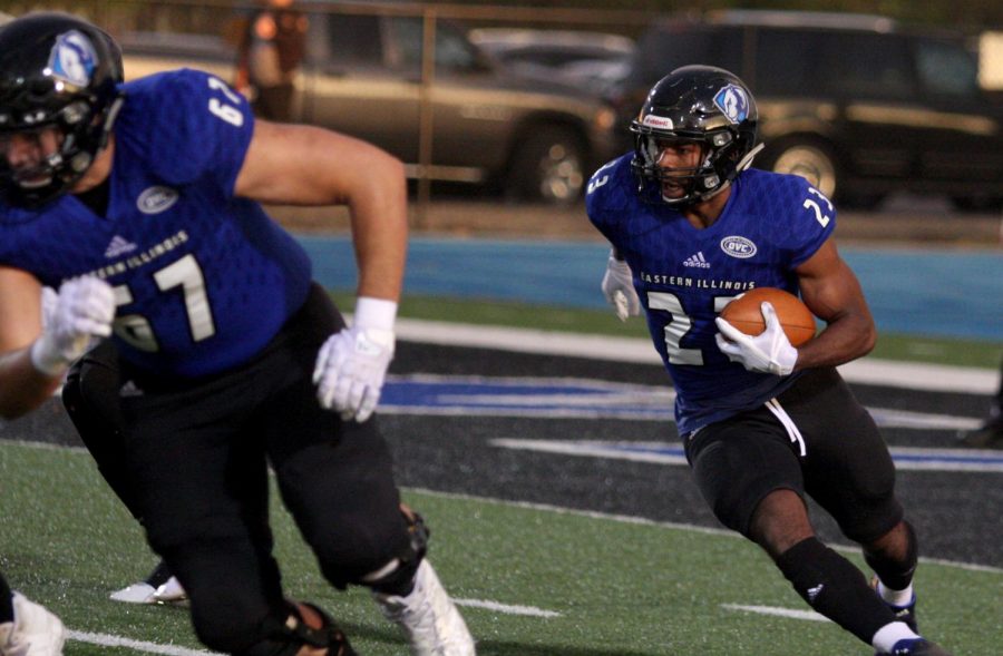 Eastern running back Isaiah Johnson charges forward with the ball in a game last season against Tennesse Tech at O’Brien Field. Johnson, to no suprise, was name the first-string running back this season.