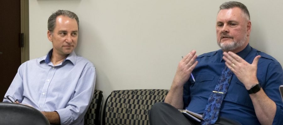 Jeff Stowell, a psychology professor and the faculty senate vice-chair, and Todd Bruns, scholarly communication librarian and institutional repository director as well as Faculty Senate chair, visited the Council on Academic Affairs meeting Thursday. They joined the council on their discussion on shared governance.